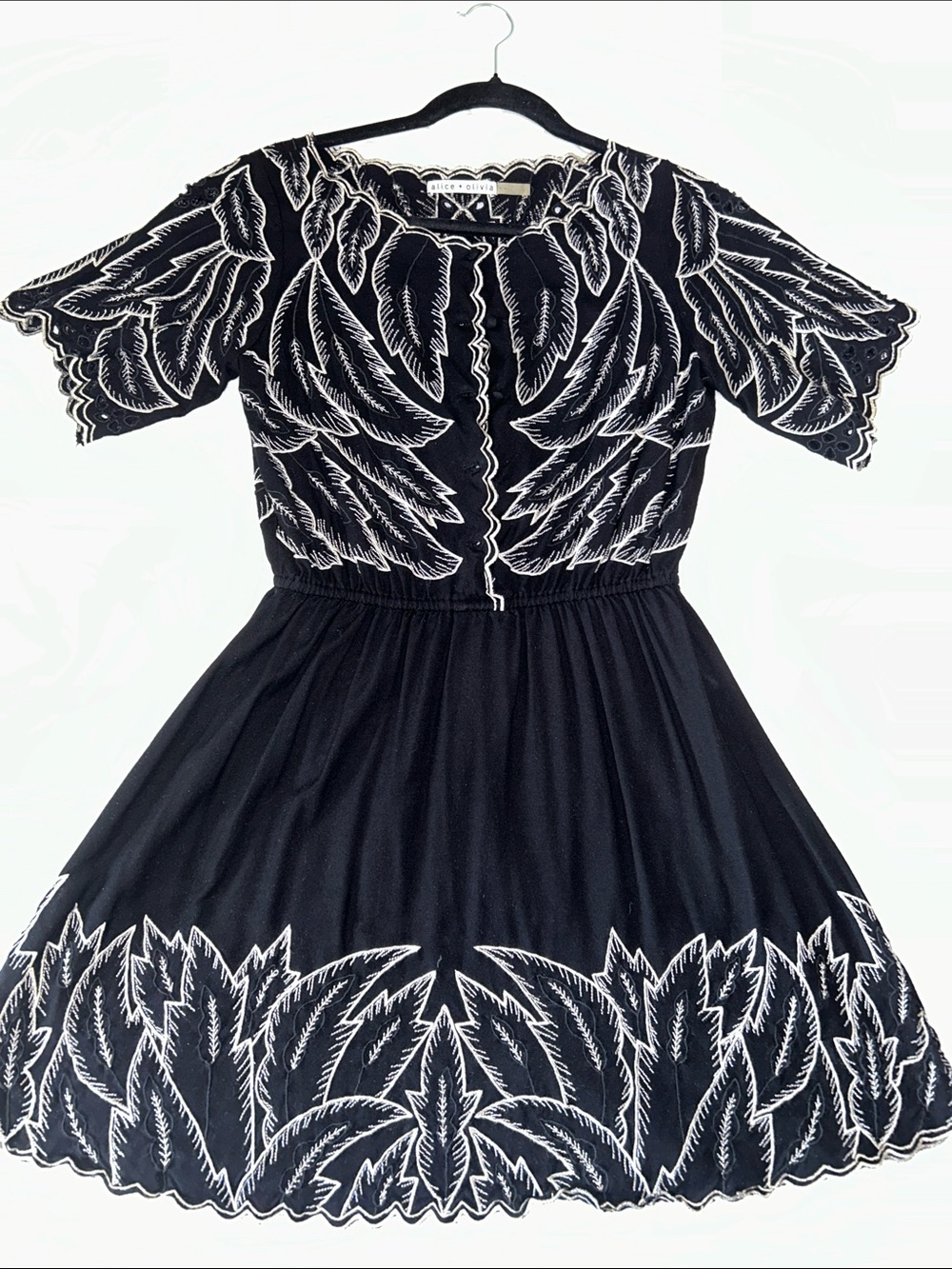 Alice + Olivia Black Dress with White Leaf Embroidery
